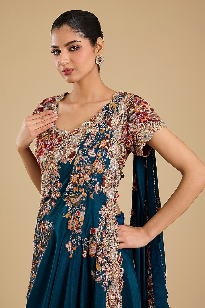 Peacock Blue Dupion Silk Embroidered Draped Bridal Saree Set by Minaxi Dadoo at Pernia's Pop Up Shop