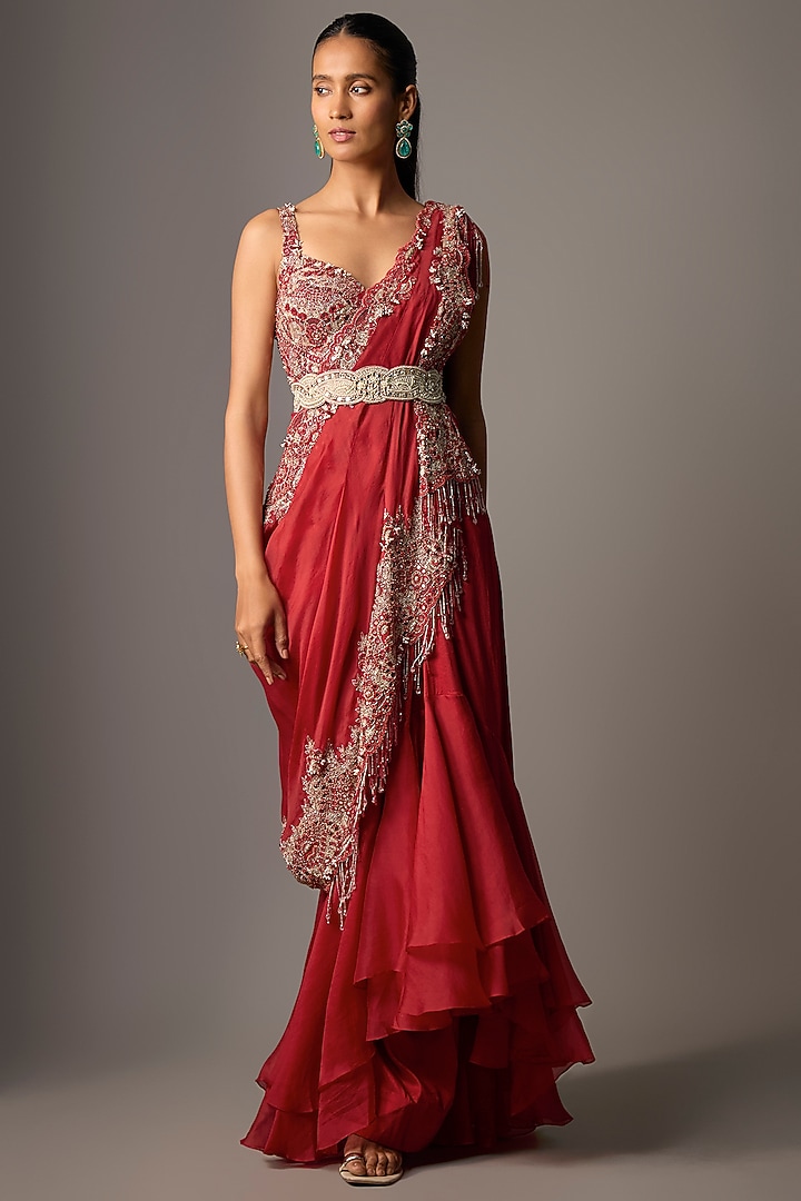 Red Organza Ruffled Skirt Bridal Saree Set by Minaxi Dadoo at Pernia's Pop Up Shop