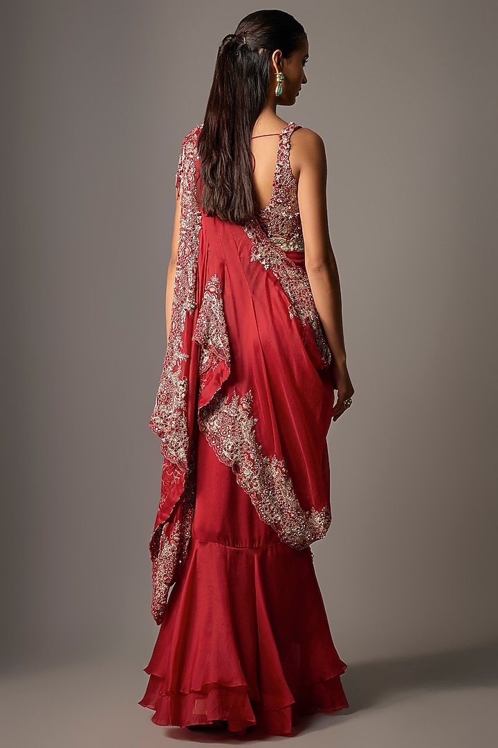 Red Silk & Organza Skirt Bridal Saree Set by Minaxi Dadoo at Pernia's Pop Up Shop
