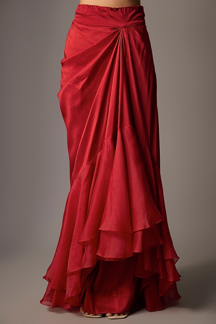 Red Silk & Organza Skirt Bridal Saree Set by Minaxi Dadoo at Pernia's Pop Up Shop