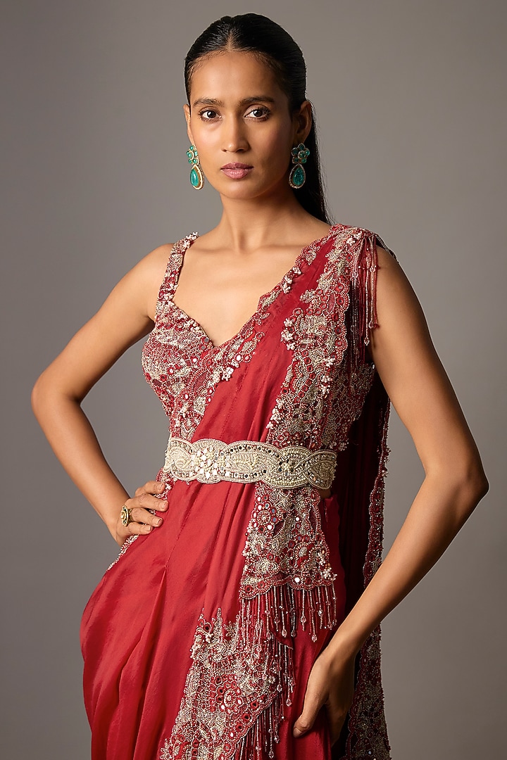 Red Silk & Organza Skirt Bridal Saree Set by Minaxi Dadoo at Pernia's Pop Up Shop