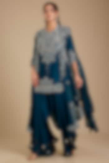 Peacock Blue Dupion Silk Mirror Work Kurta Set by Minaxi Dadoo at Pernia's Pop Up Shop