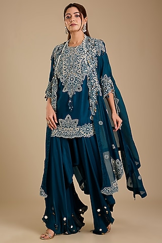 Peacock Blue Dupion Silk Mirror Work Kurta Set by Minaxi Dadoo