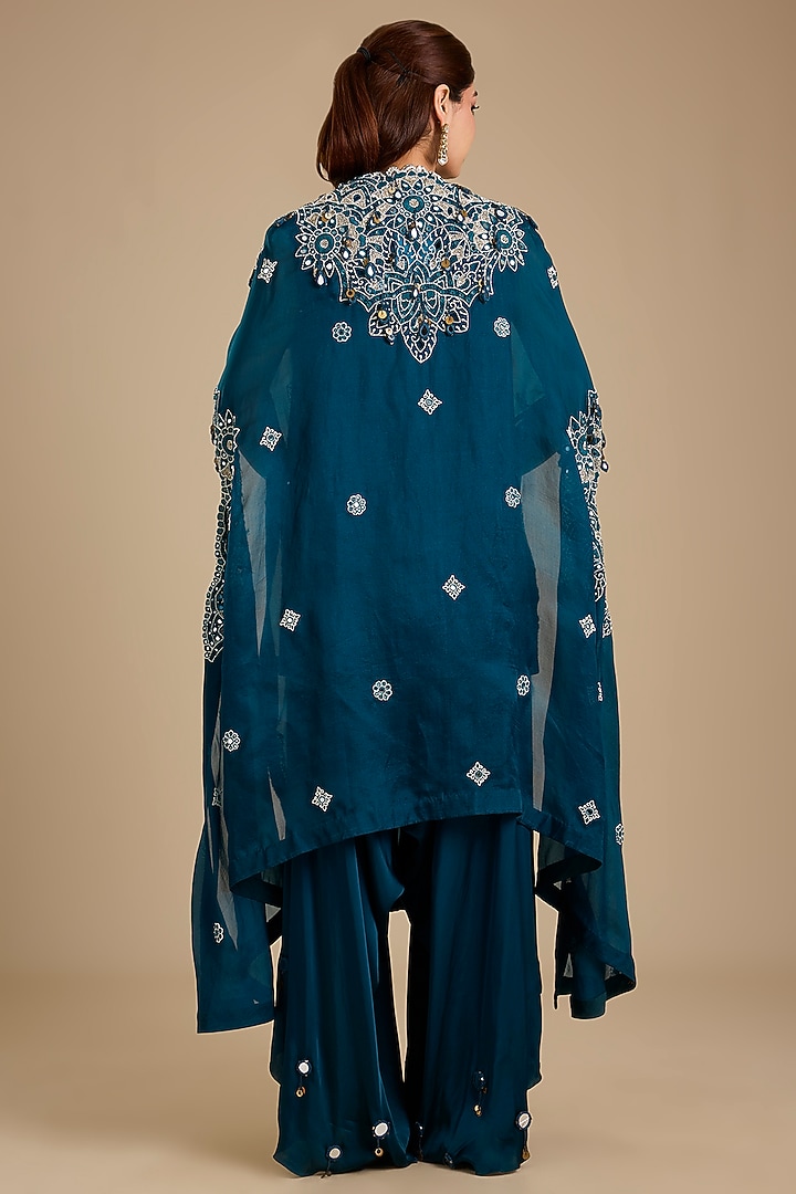 Peacock Blue Dupion Silk Mirror Work Kurta Set by Minaxi Dadoo at Pernia's Pop Up Shop