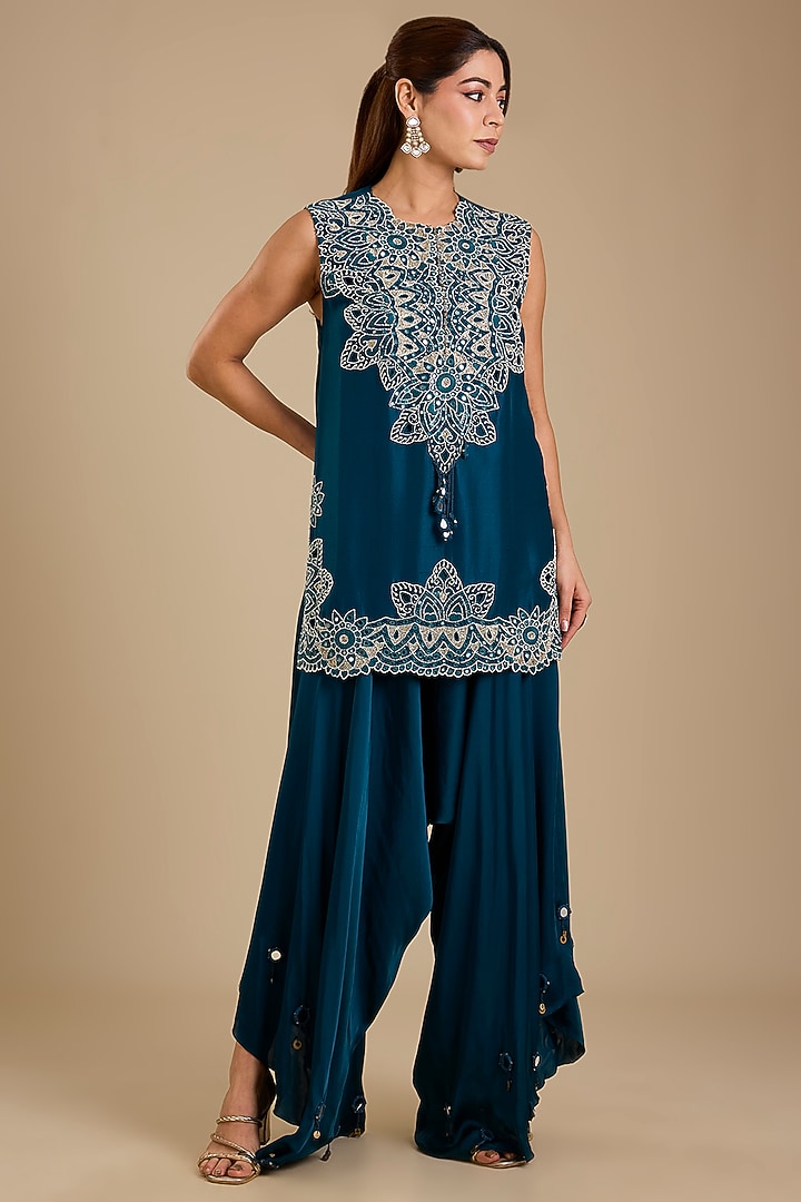 Peacock Blue Dupion Silk Mirror Work Kurta Set by Minaxi Dadoo at Pernia's Pop Up Shop