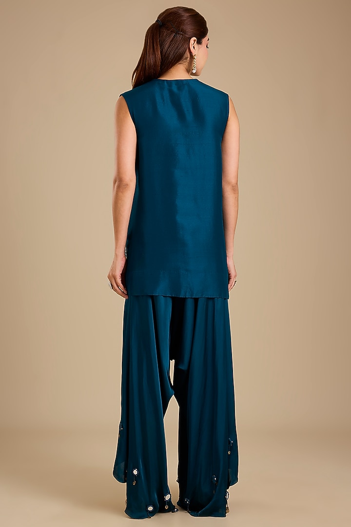 Peacock Blue Dupion Silk Mirror Work Kurta Set by Minaxi Dadoo at Pernia's Pop Up Shop