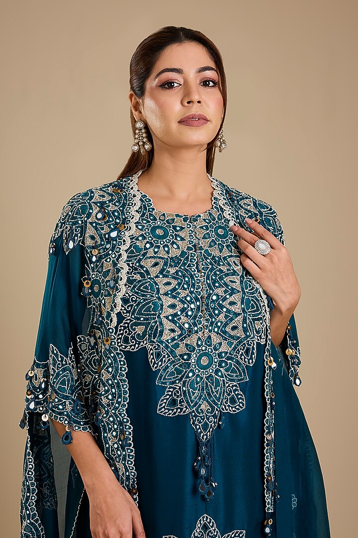Peacock Blue Dupion Silk Mirror Work Kurta Set by Minaxi Dadoo at Pernia's Pop Up Shop
