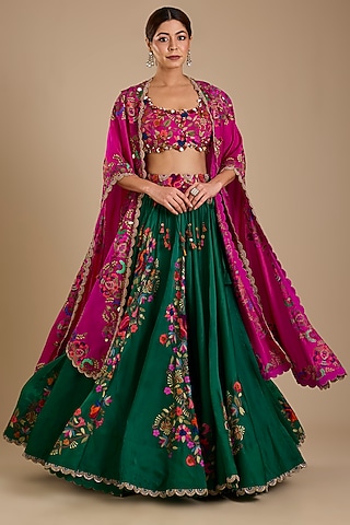 Rani Pink Silk Kashmiri Work Cape Set by Minaxi Dadoo
