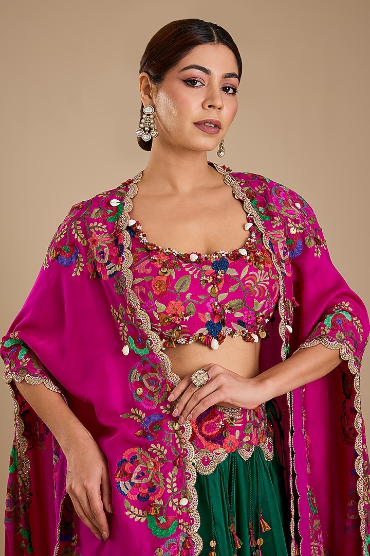 Rani Pink Silk Kashmiri Work Cape Set by Minaxi Dadoo at Pernia's Pop Up Shop