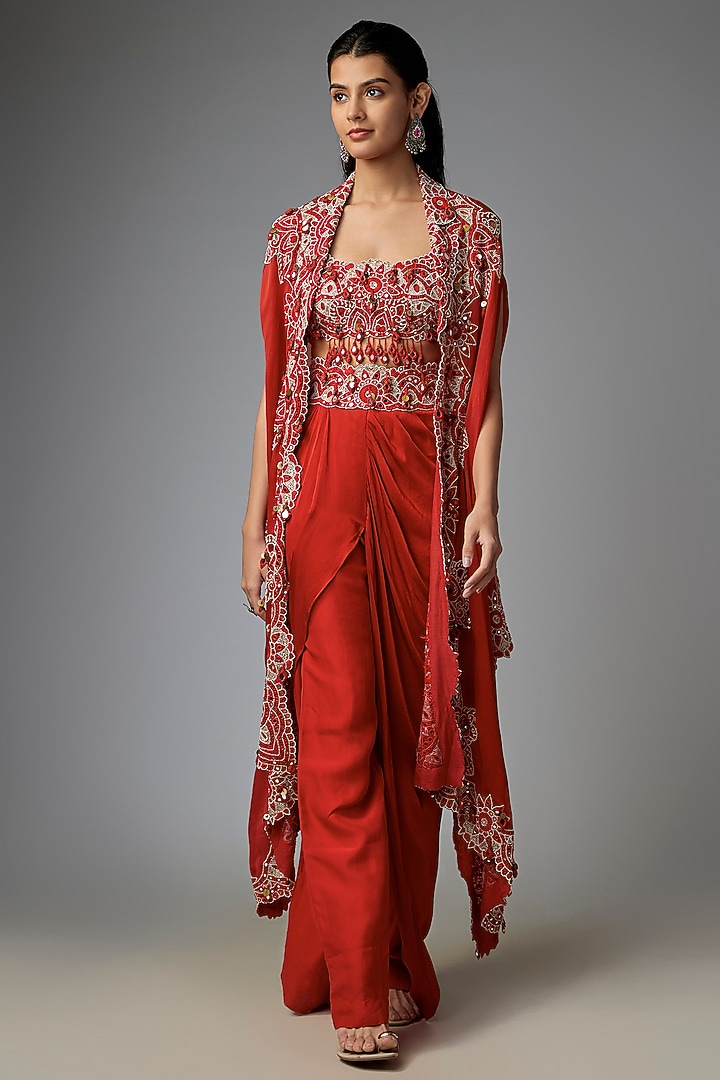 Rust Silk & Organza Mirror Work Butterfly Cape Set by Minaxi Dadoo at Pernia's Pop Up Shop