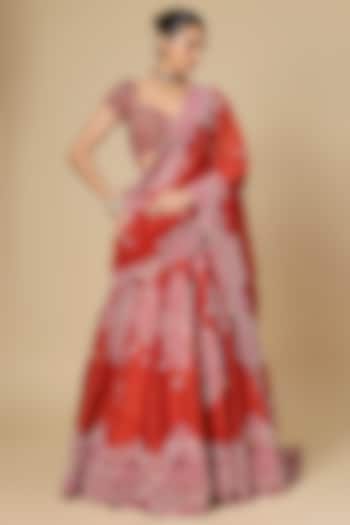 Red Silk Mirror Work Bridal Lehenga Set by Minaxi Dadoo at Pernia's Pop Up Shop
