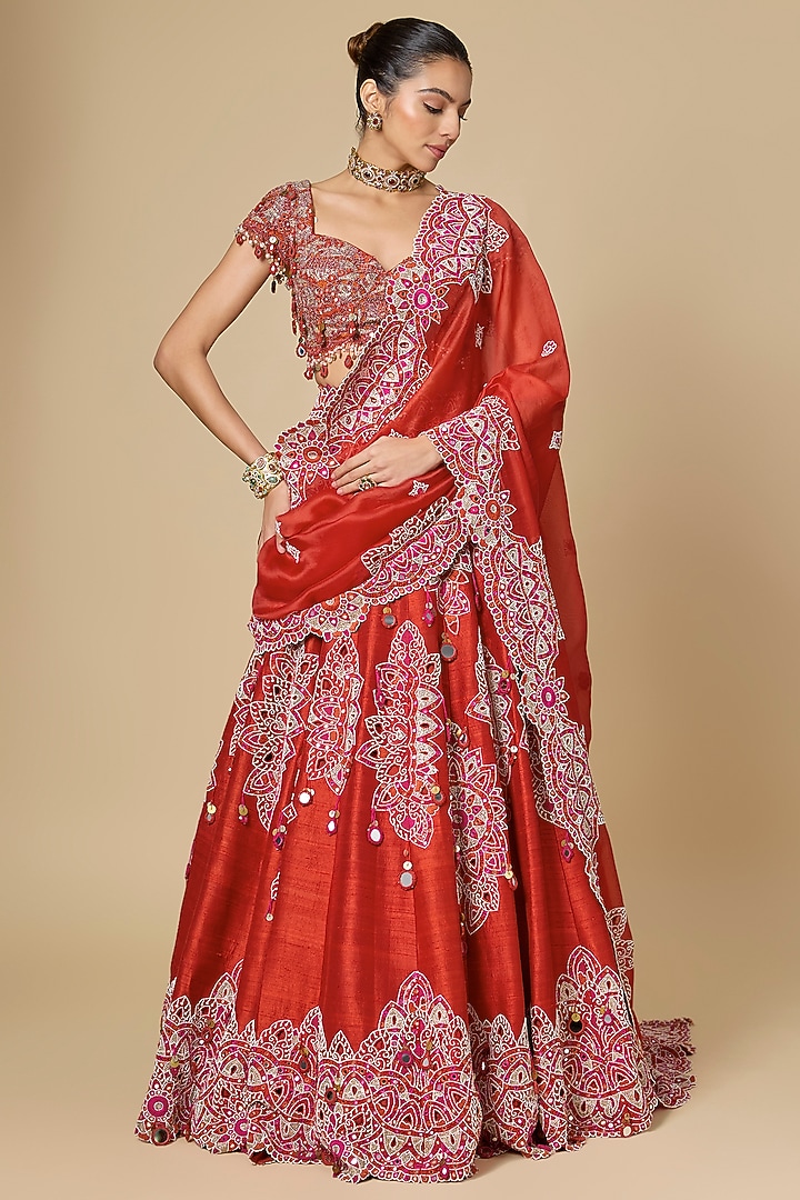 Red Silk Mirror Work Bridal Lehenga Set by Minaxi Dadoo at Pernia's Pop Up Shop