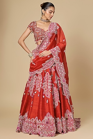 Red Silk Mirror Work Lehenga Set by Minaxi Dadoo