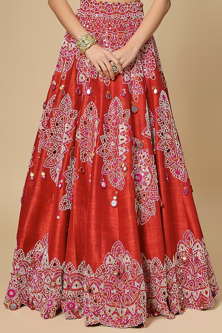 Red Silk Mirror Work Bridal Lehenga Set by Minaxi Dadoo at Pernia's Pop Up Shop