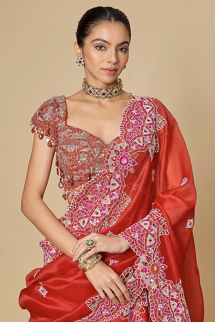 Red Silk Mirror Work Bridal Lehenga Set by Minaxi Dadoo at Pernia's Pop Up Shop