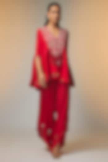 Red Dupion Silk & Satin Mirror Work Cape Set by Minaxi Dadoo at Pernia's Pop Up Shop