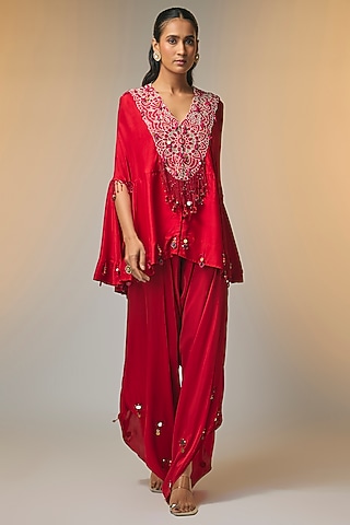 Red Dupion Silk & Satin Mirror Work Cape Set by Minaxi Dadoo