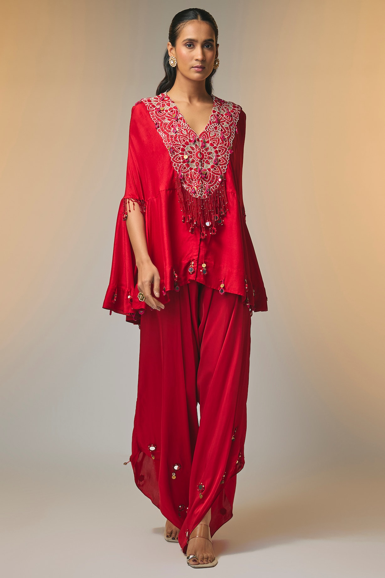Minaxi Red Dupion Silk & Satin Mirror Work Cape Set by Minaxi Dadoo at Pernia ...