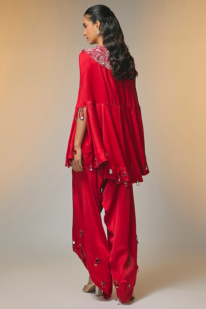 Red Dupion Silk & Satin Mirror Work Cape Set by Minaxi Dadoo at Pernia's Pop Up Shop