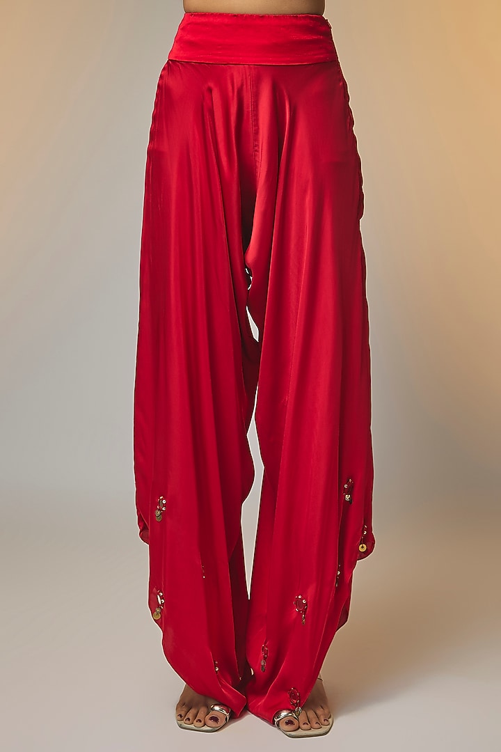 Red Dupion Silk & Satin Mirror Work Cape Set by Minaxi Dadoo at Pernia's Pop Up Shop