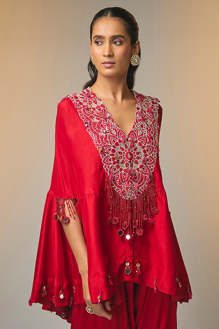 Red Dupion Silk & Satin Mirror Work Cape Set by Minaxi Dadoo at Pernia's Pop Up Shop