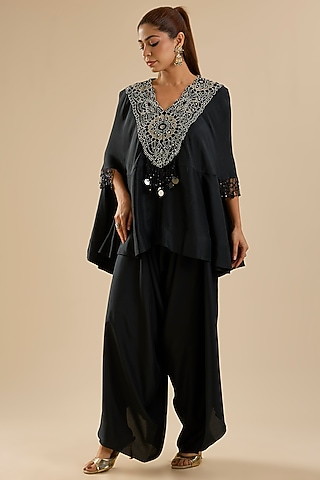 Black Satin Cape Set by Minaxi Dadoo