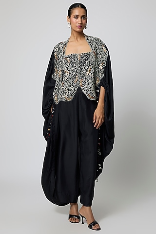 Black Silk Embroidered Cape Set by Minaxi Dadoo