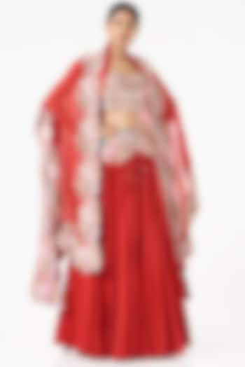 Red Chanderi Jacket Bridal Lehenga Set by Minaxi Dadoo at Pernia's Pop Up Shop