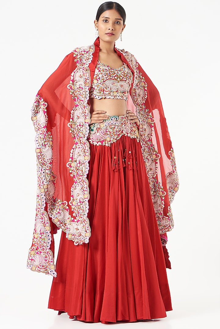 Red Chanderi Jacket Bridal Lehenga Set by Minaxi Dadoo at Pernia's Pop Up Shop