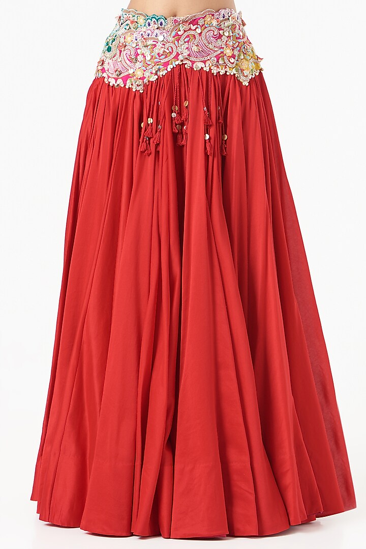 Red Chanderi Jacket Bridal Lehenga Set by Minaxi Dadoo at Pernia's Pop Up Shop