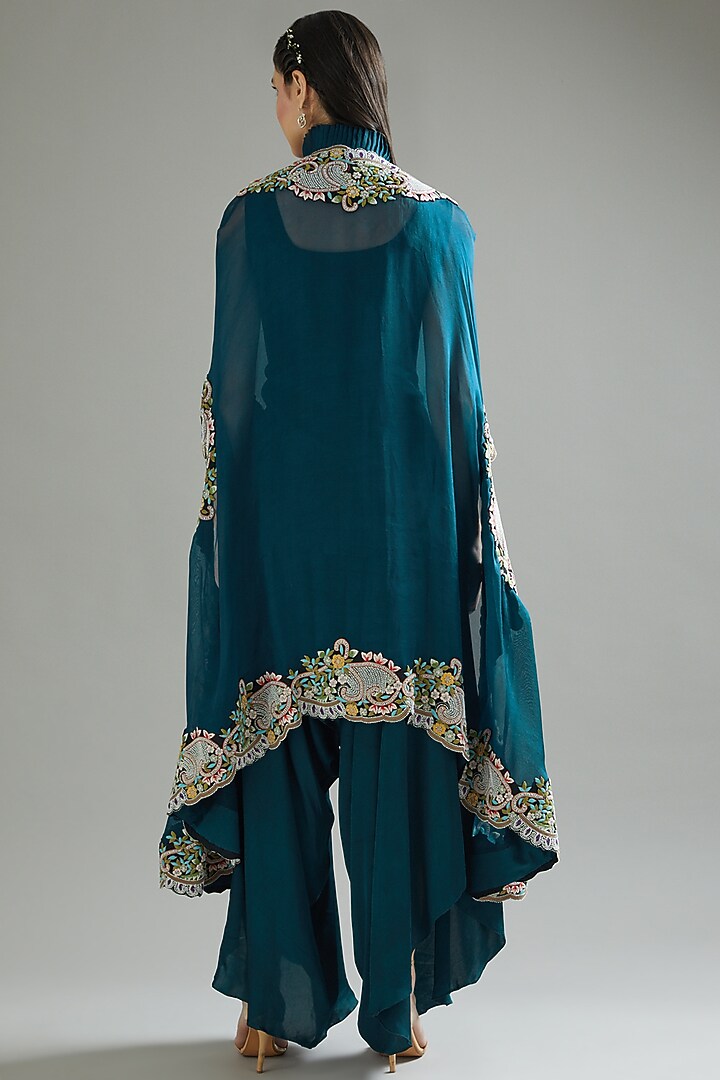 Peacock Blue Organza Cape Set by Minaxi Dadoo at Pernia's Pop Up Shop