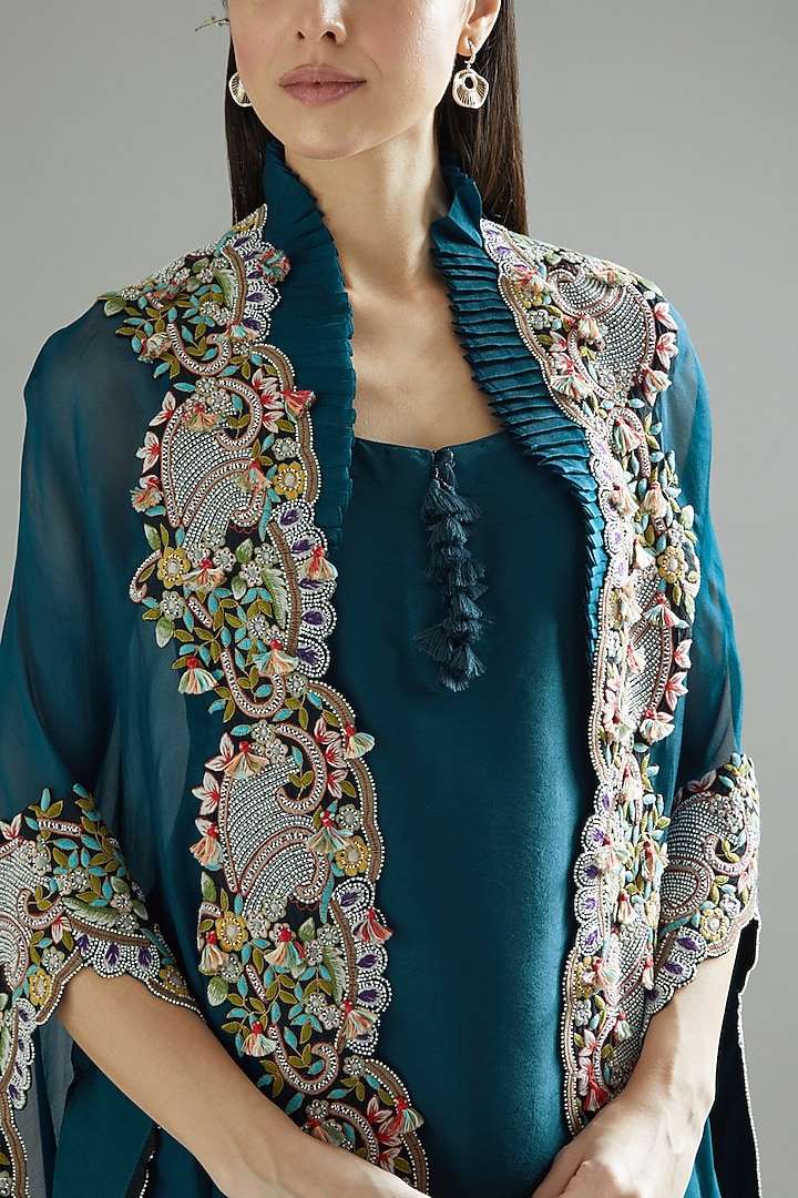 Peacock Blue Organza Cape Set by Minaxi Dadoo at Pernia's Pop Up Shop