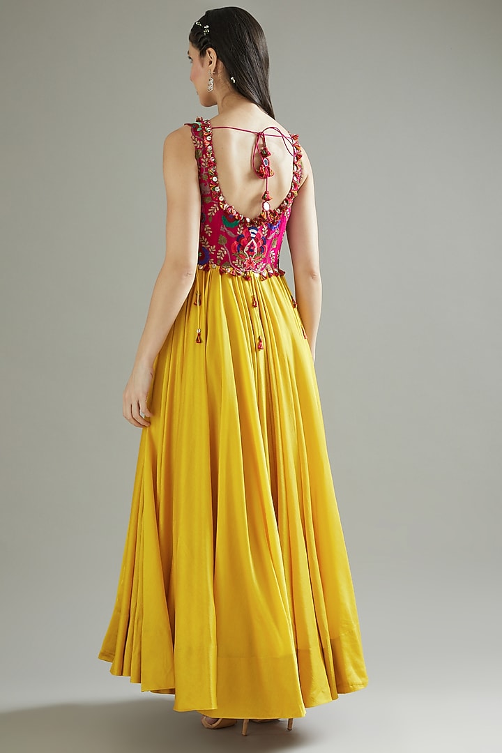Rani Pink & Yellow Chanderi Bridal Anarkali Set by Minaxi Dadoo at Pernia's Pop Up Shop