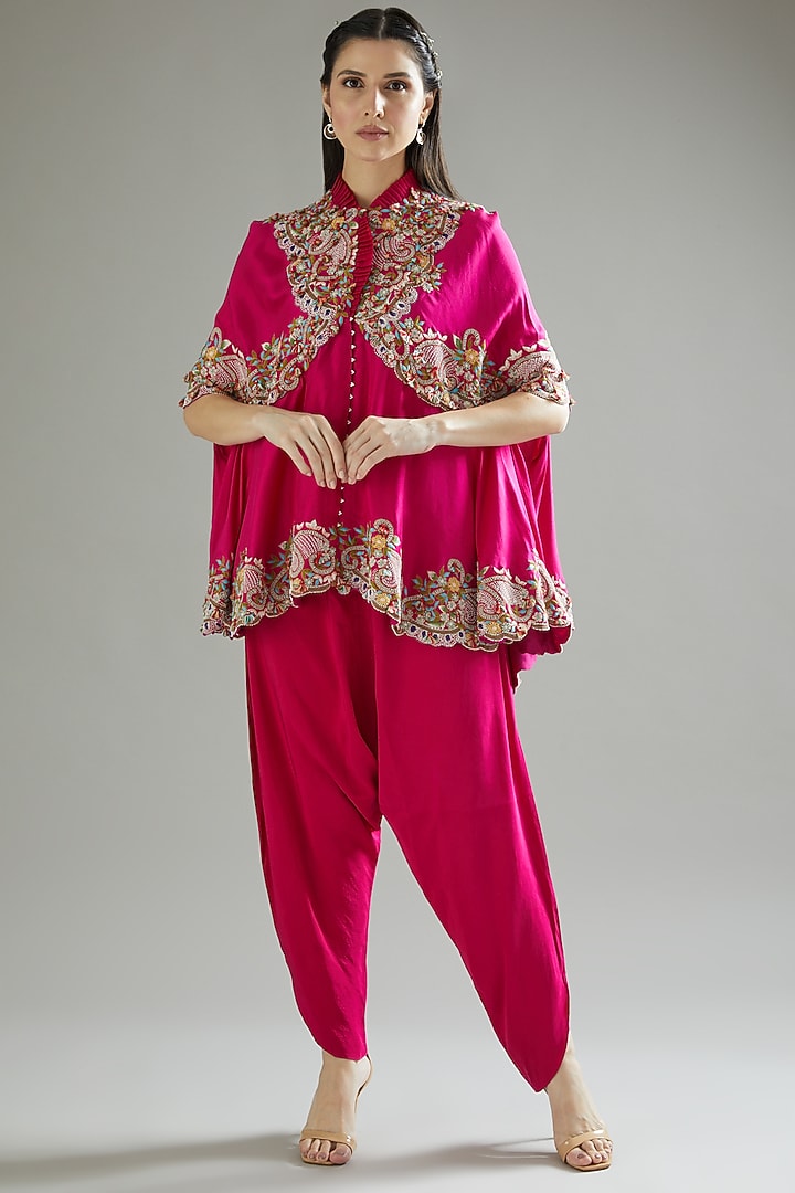 Rani Pink Cape Set In Dupion by Minaxi Dadoo at Pernia's Pop Up Shop