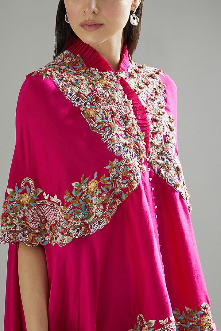 Rani Pink Cape Set In Dupion by Minaxi Dadoo at Pernia's Pop Up Shop