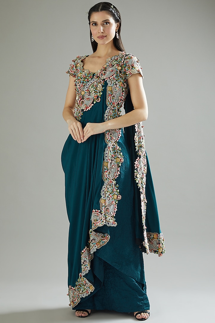 Blue Dupion Embroidered Draped Saree Set by Minaxi Dadoo at Pernia's Pop Up Shop