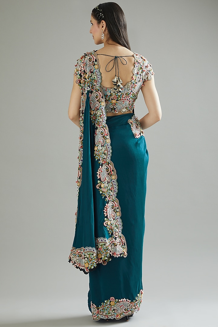Blue Dupion Embroidered Draped Reception Saree Set by Minaxi Dadoo at Pernia's Pop Up Shop