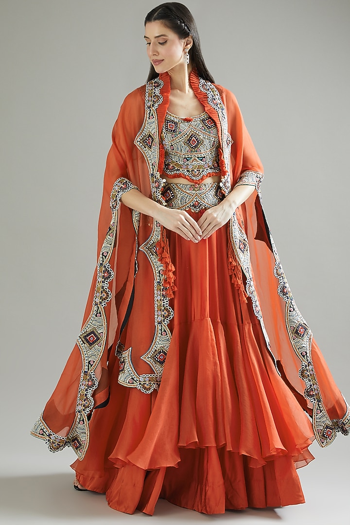 Rust Orange Organza Bridal Lehenga Set With Cape by Minaxi Dadoo at Pernia's Pop Up Shop