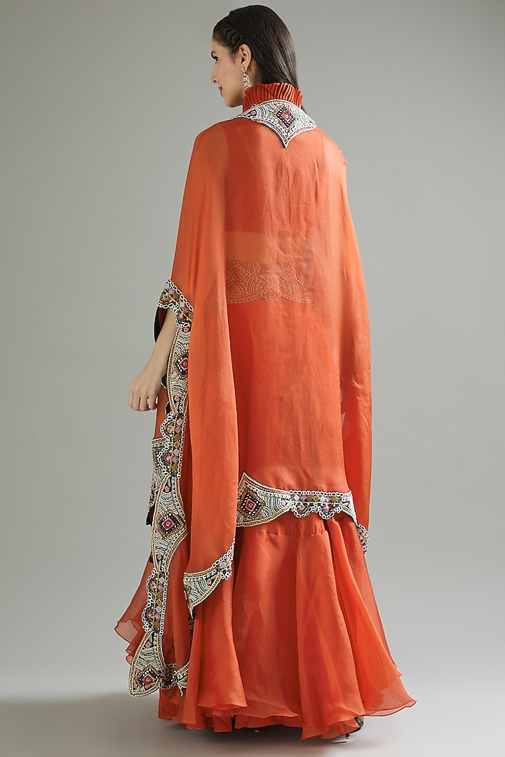 Rust Orange Organza Bridal Lehenga Set With Cape by Minaxi Dadoo at Pernia's Pop Up Shop