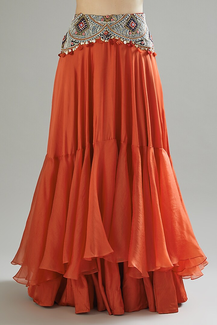 Rust Orange Organza Bridal Lehenga Set With Cape by Minaxi Dadoo at Pernia's Pop Up Shop