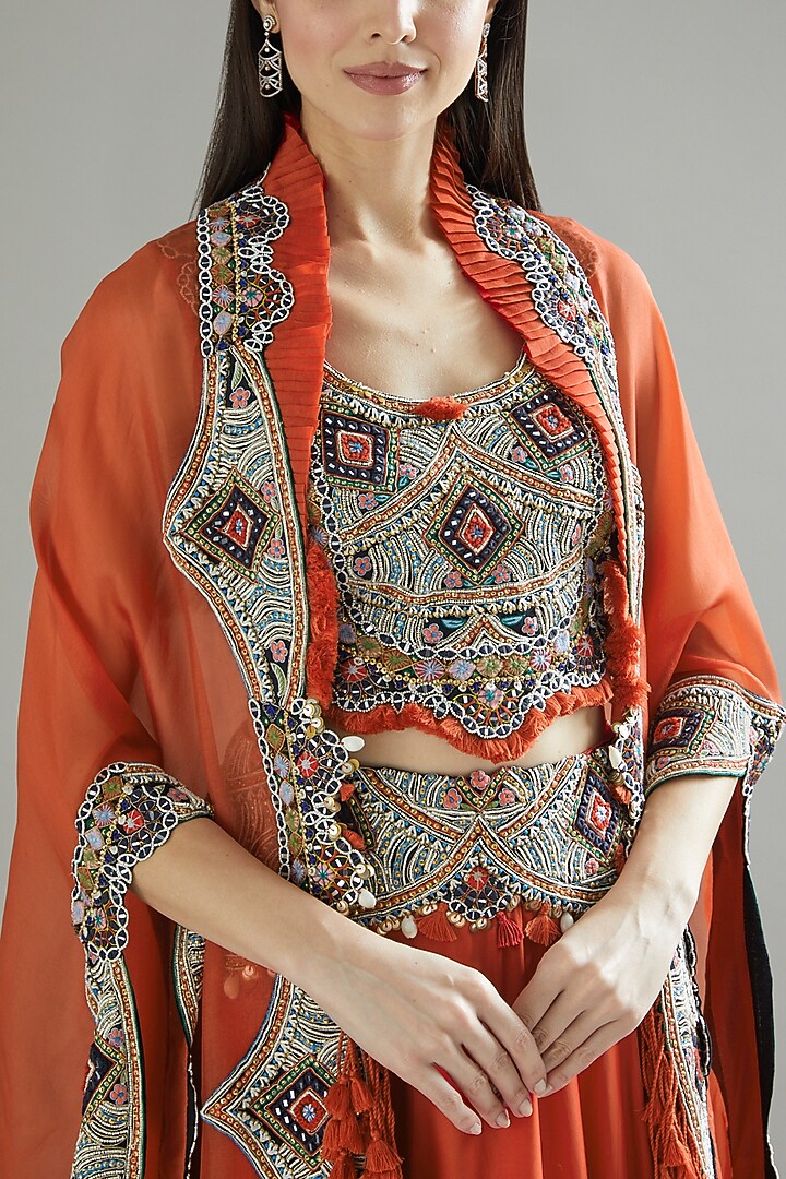 Rust Orange Organza Bridal Lehenga Set With Cape by Minaxi Dadoo at Pernia's Pop Up Shop