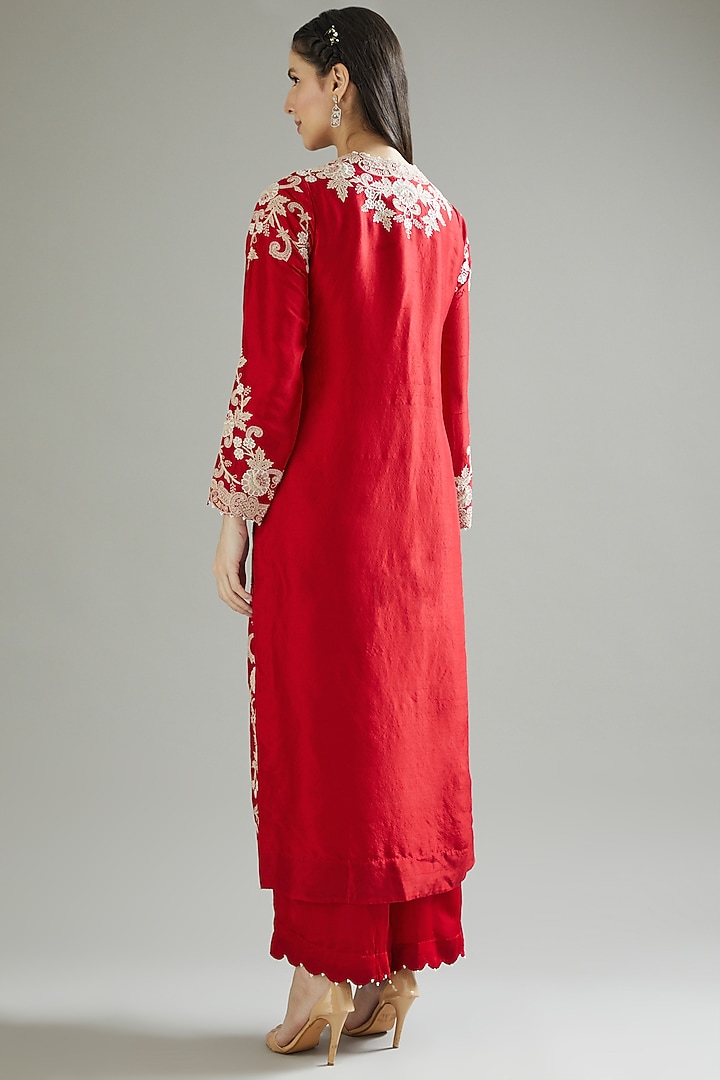 Red Dupion Lace Kurta Set by Minaxi Dadoo at Pernia's Pop Up Shop