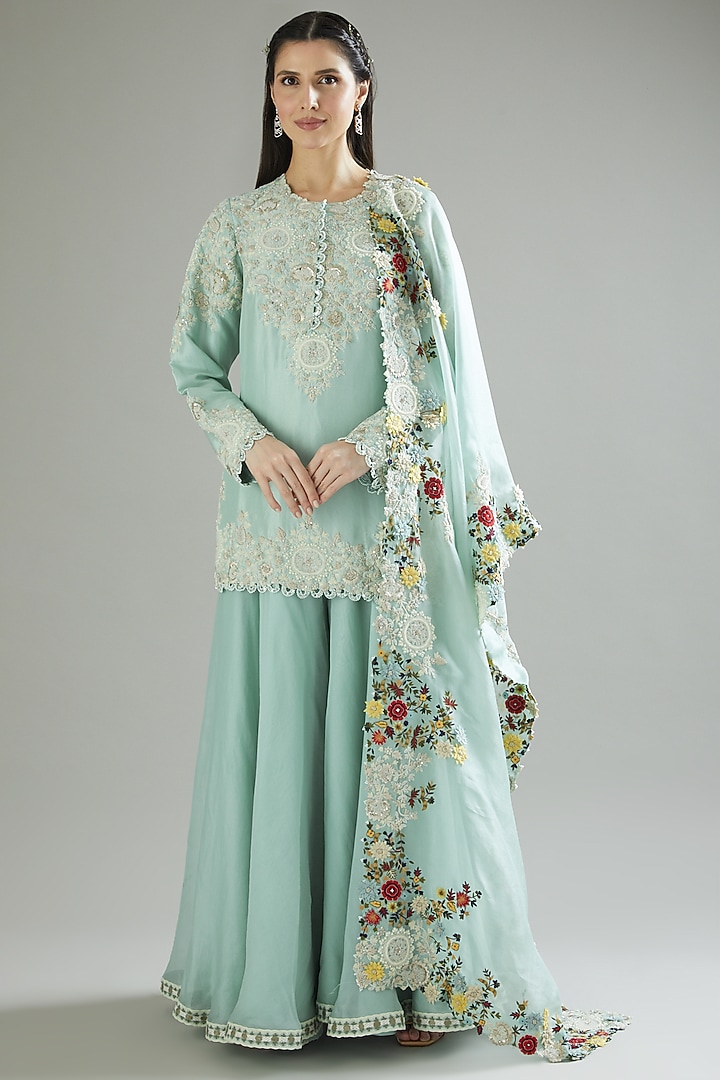 Light Blue Organza Bridal Sharara Set by Minaxi Dadoo at Pernia's Pop Up Shop