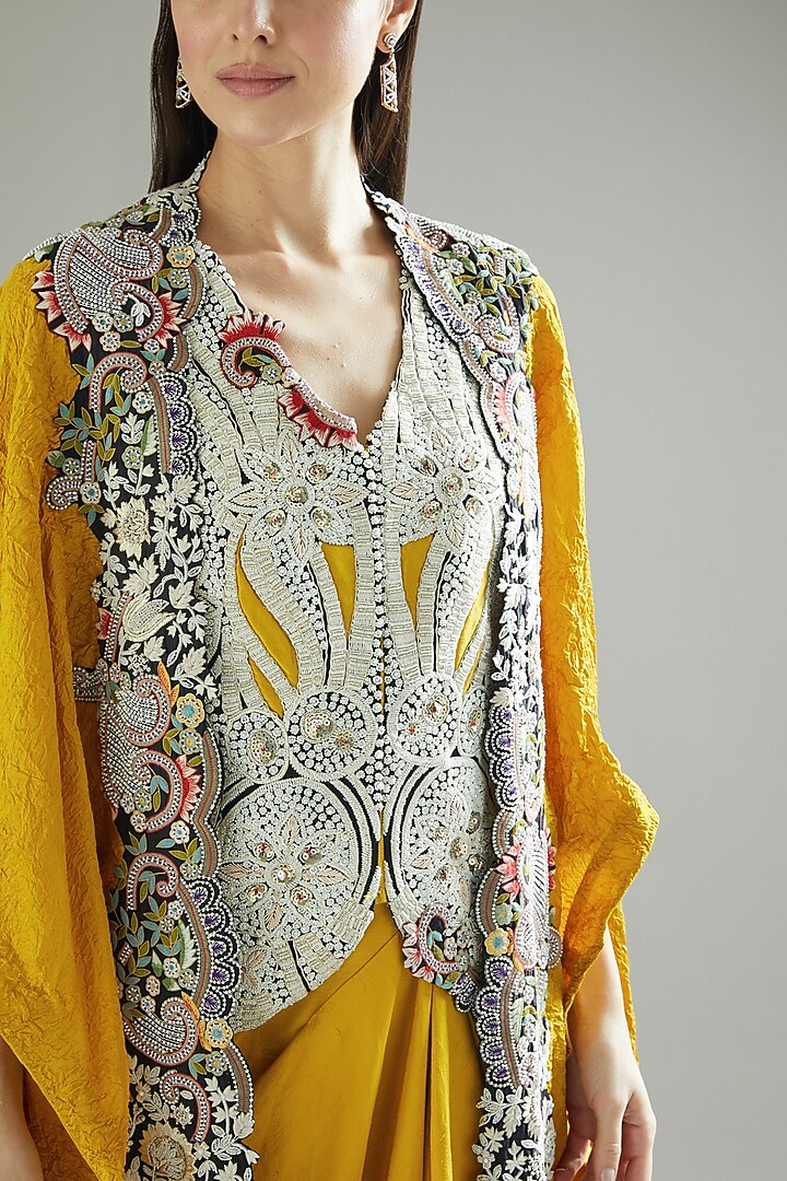 Yellow Crushed Dupion Cape Set by Minaxi Dadoo at Pernia's Pop Up Shop