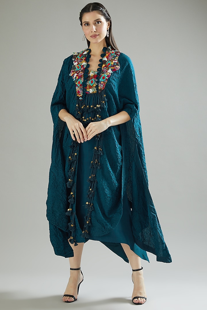 Blue Dupion Dress With Cape by Minaxi Dadoo