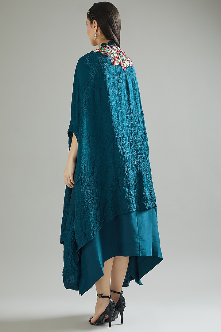 Blue Dupion Party Wear Dress With Cape by Minaxi Dadoo at Pernia's Pop Up Shop