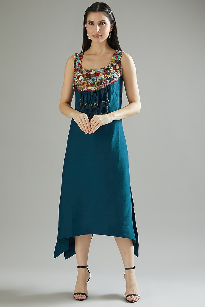 Blue Dupion Party Wear Dress With Cape by Minaxi Dadoo at Pernia's Pop Up Shop