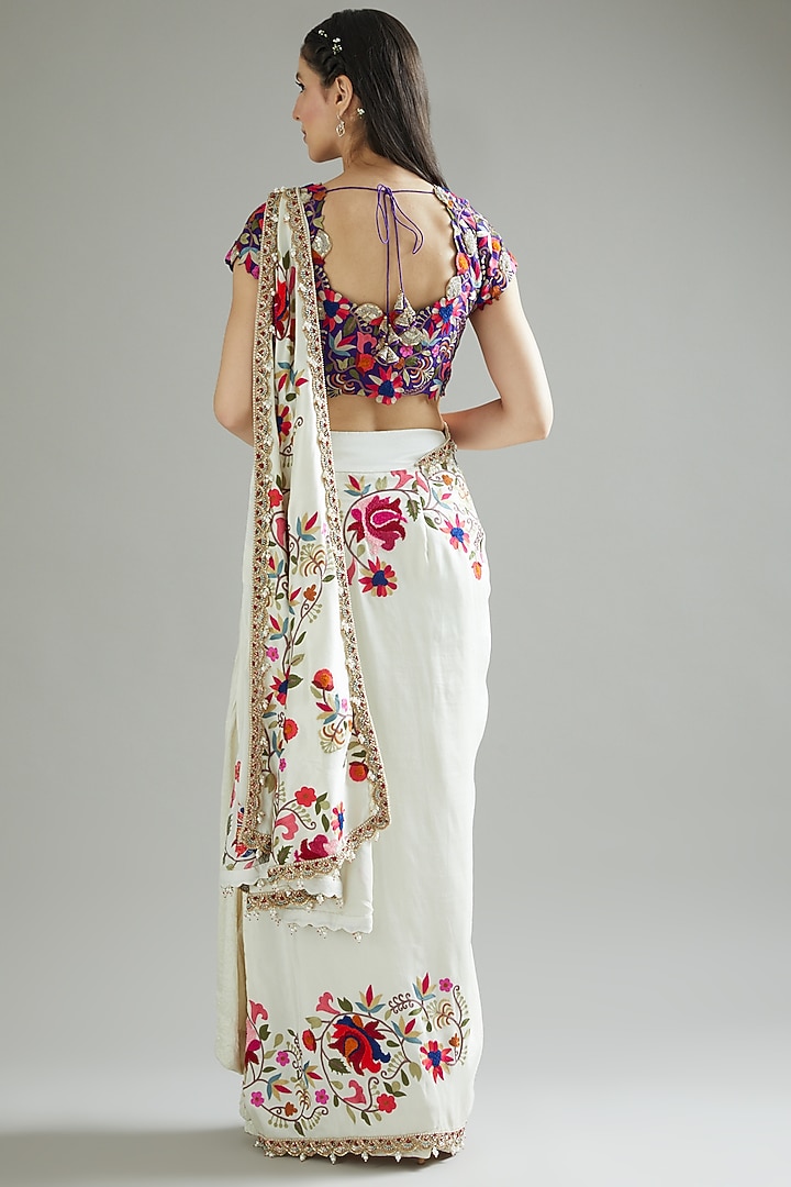 Ivory Dupion Drape Reception Saree Set by Minaxi Dadoo at Pernia's Pop Up Shop