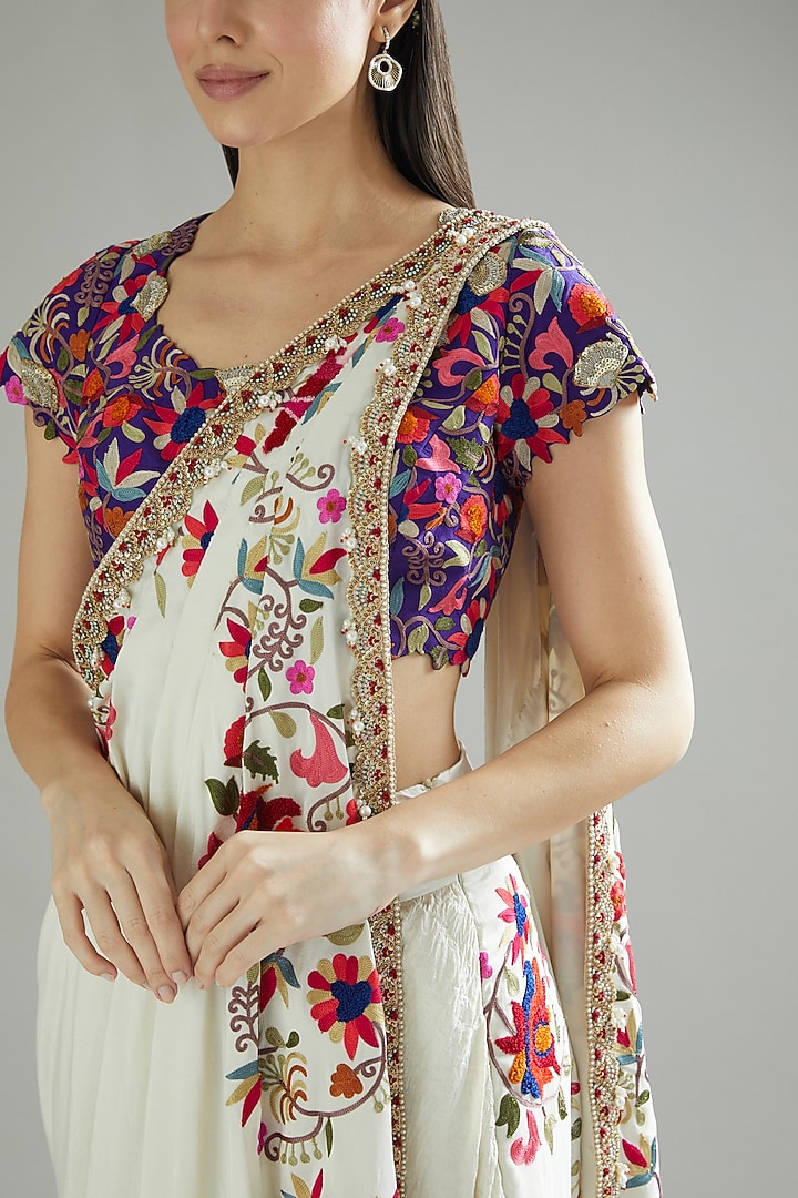 Ivory Dupion Drape Reception Saree Set by Minaxi Dadoo at Pernia's Pop Up Shop