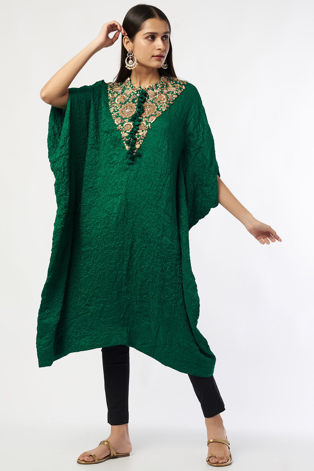 Green Crushed Dupion Kaftan Set by Minaxi Dadoo